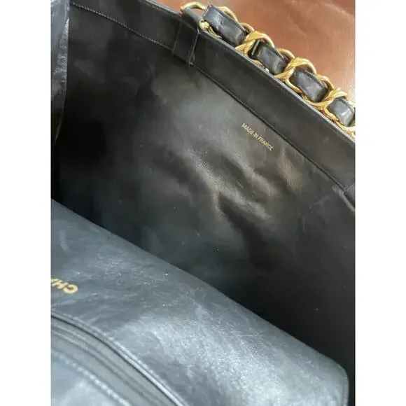 CHANEL 1994 VINTAGE BLACK 24K GOLD CHUNKY CHAIN CLASSIC CC LEATHER TOTE BAG - Picture 16 of 16